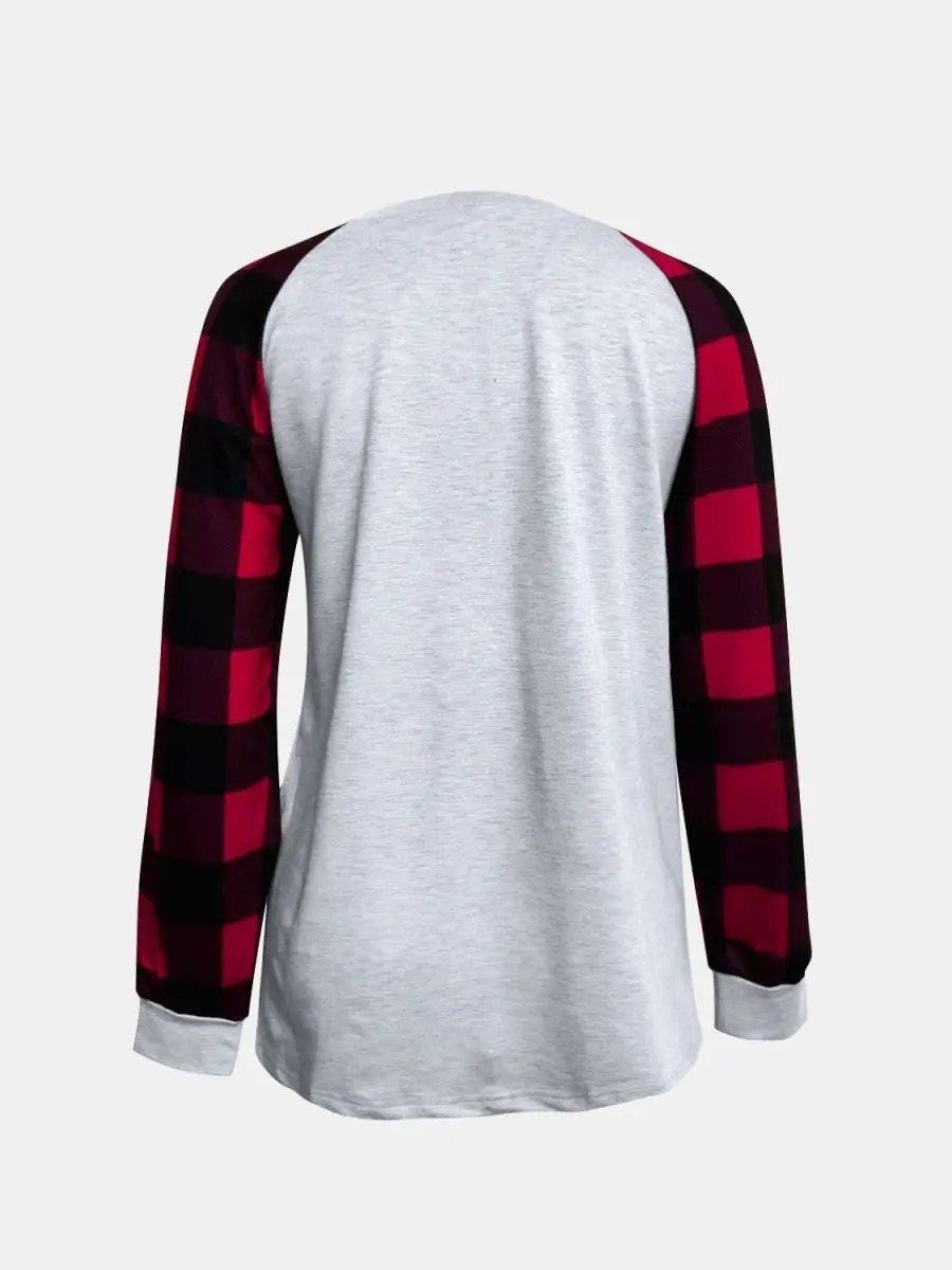 Full Size Graphic Plaid Round Neck Long Sleeve T-Shirt - Love Salve